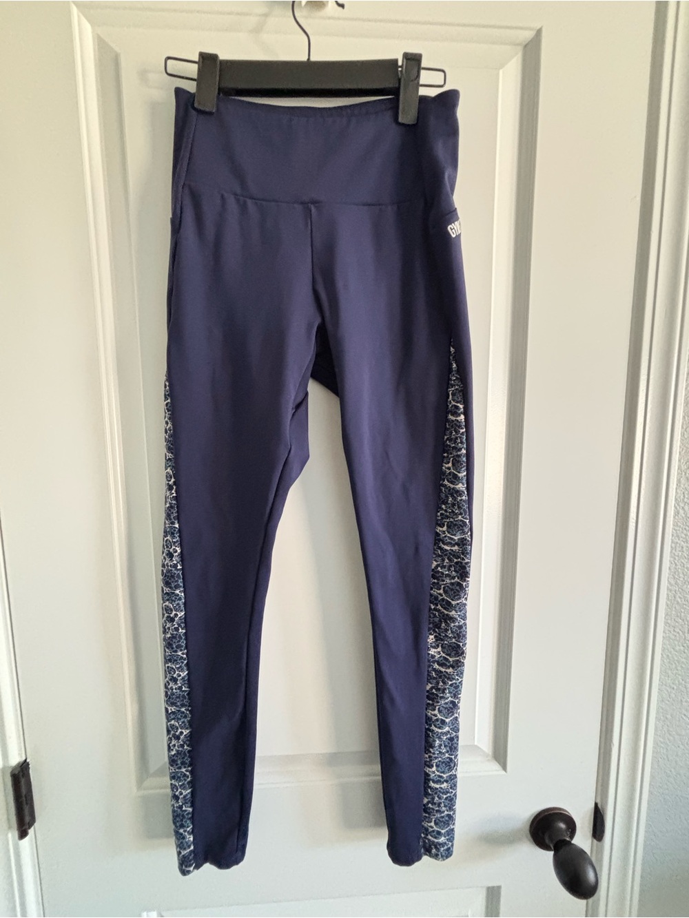 Gymshark Navy Blue Leggings with Patterned Side Panels